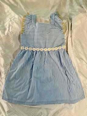 Blue Striped Daisy Trim Girls' Sundress